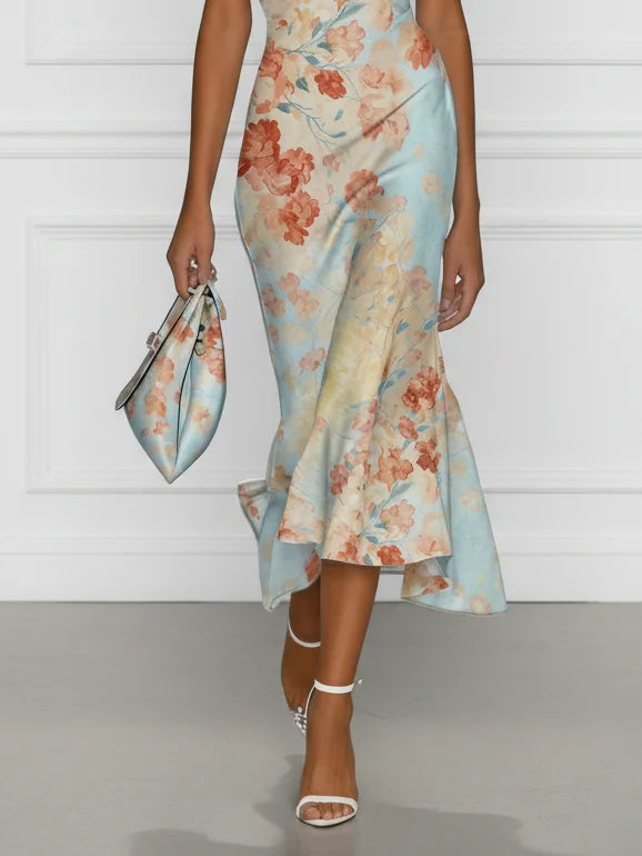 Vittoria - Ärmelloses Meerjungfrau-Midikleid mit Carmen-Ausschnitt und blauem Blumenmuster