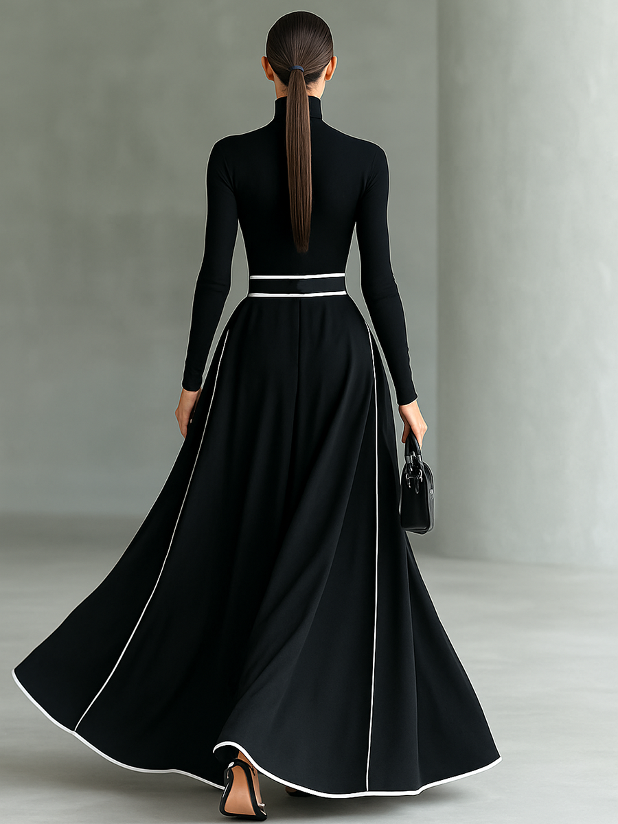 Schwarzes Damen-Maxikleid mit weißen Nähten, Stehkragen, langen Ärmeln und taillierter Passform
