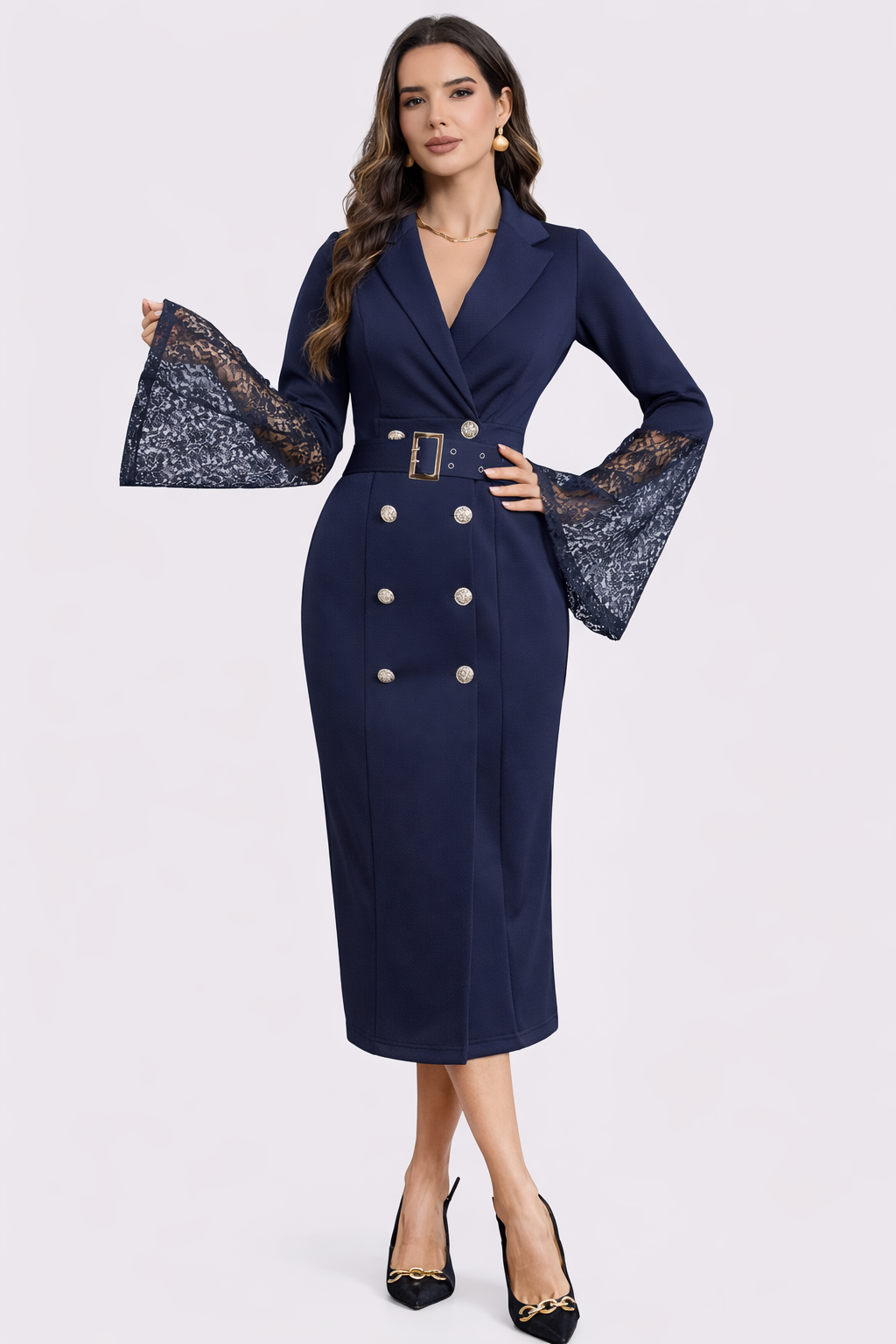 Kerensa | Midikleid mit Gürtel und Spitzenärmeln