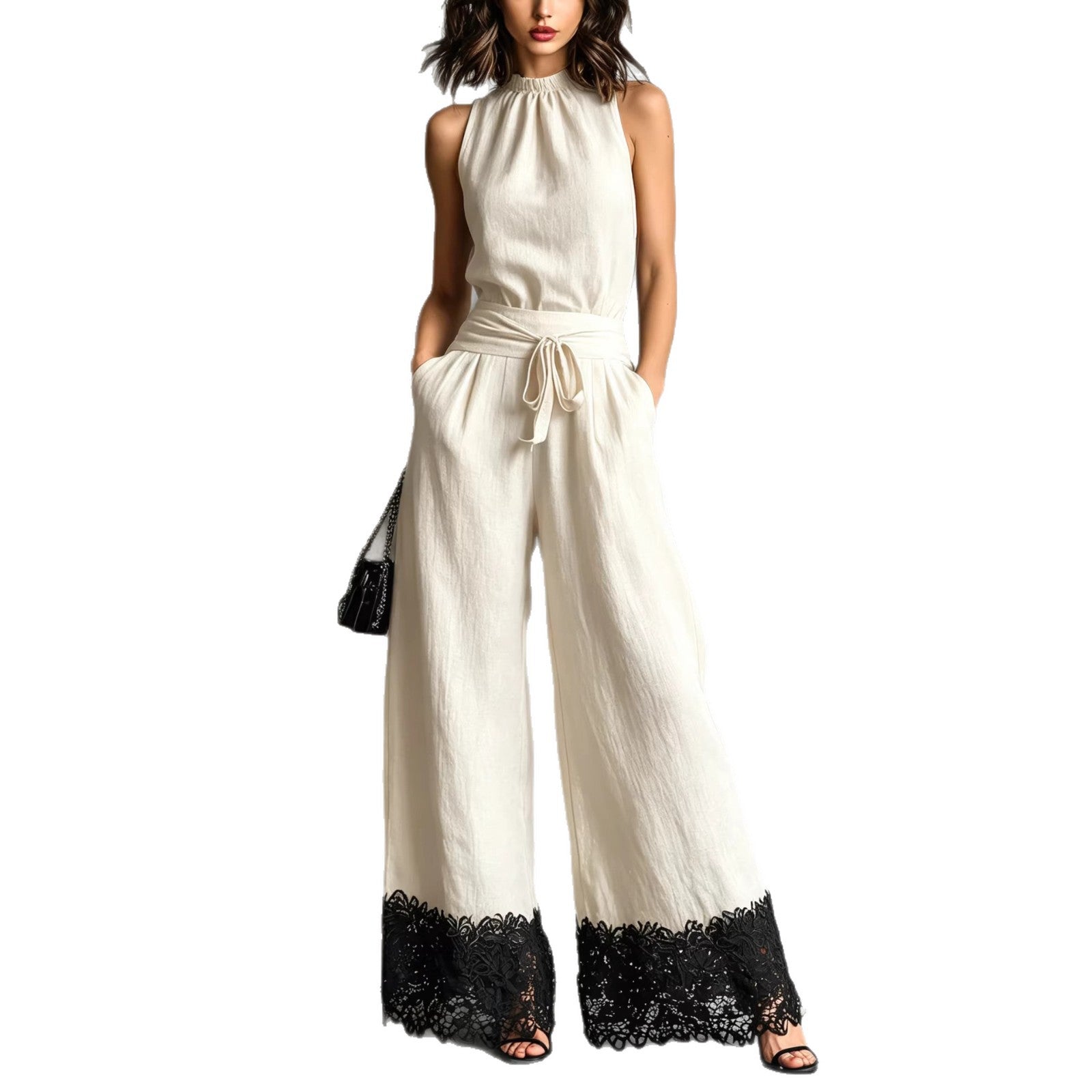 Jumpsuit mit Neckholder, Spitzenbesatz, weitem Bein und Gürtel