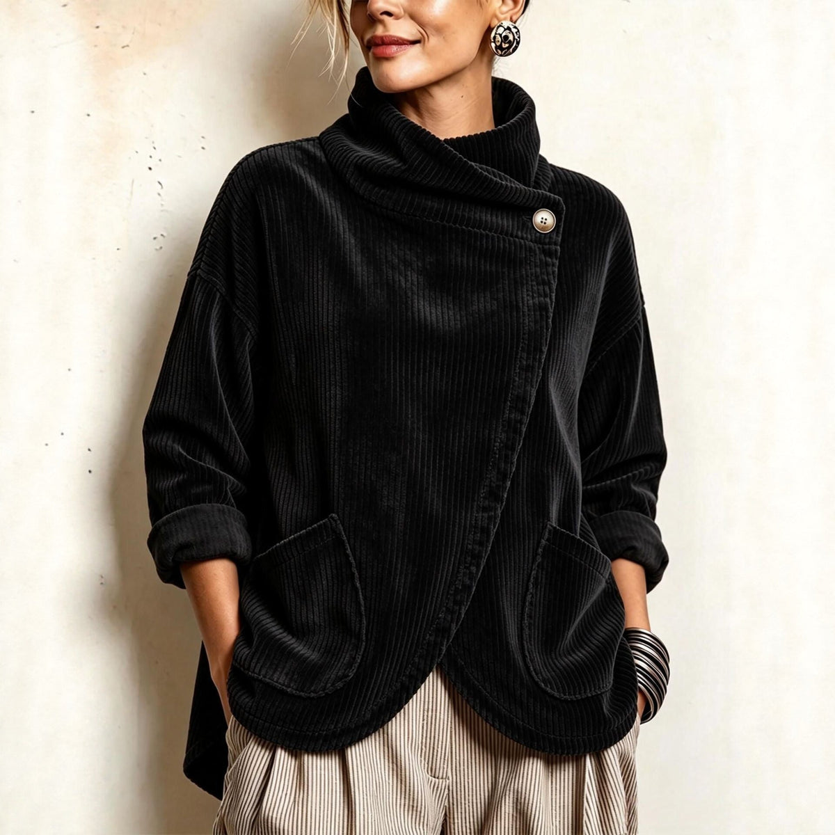 Alba | Cord-Top mit asymmetrischem Wickelausschnitt und Fronttaschen, Orange