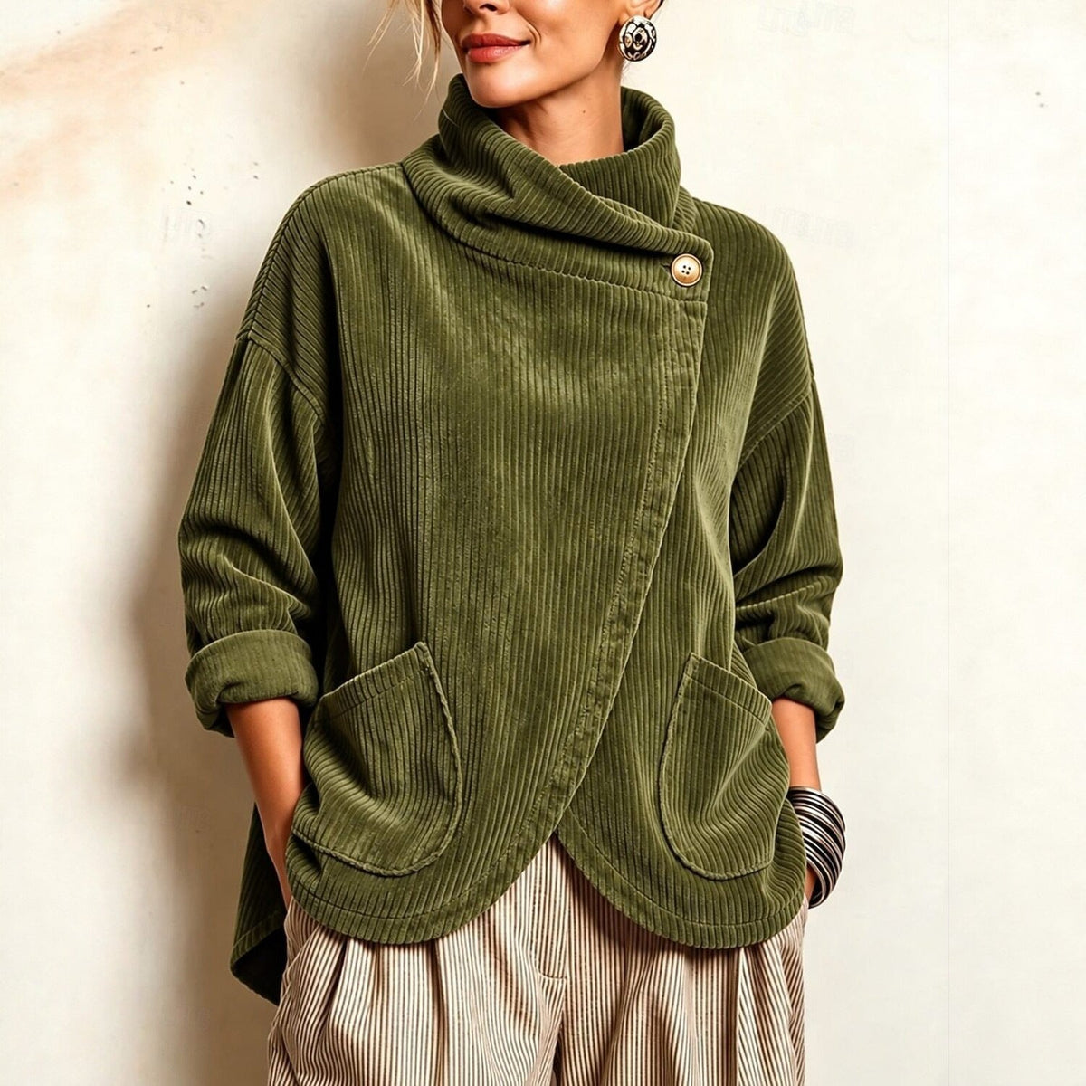 Alba | Cord-Top mit asymmetrischem Wickelausschnitt und Fronttaschen, Orange