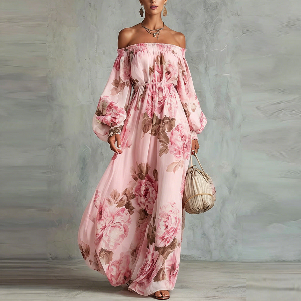 Payton | Schulterfreies florales Maxikleid mit langen Ärmeln