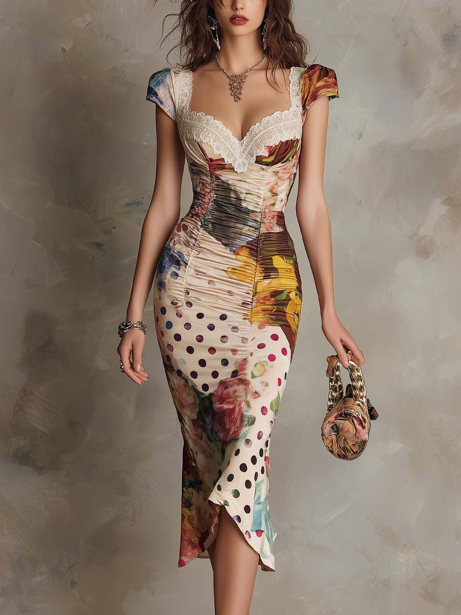 Figurbetontes Midikleid mit Spitzenbesatz, Mustermix und Raffung