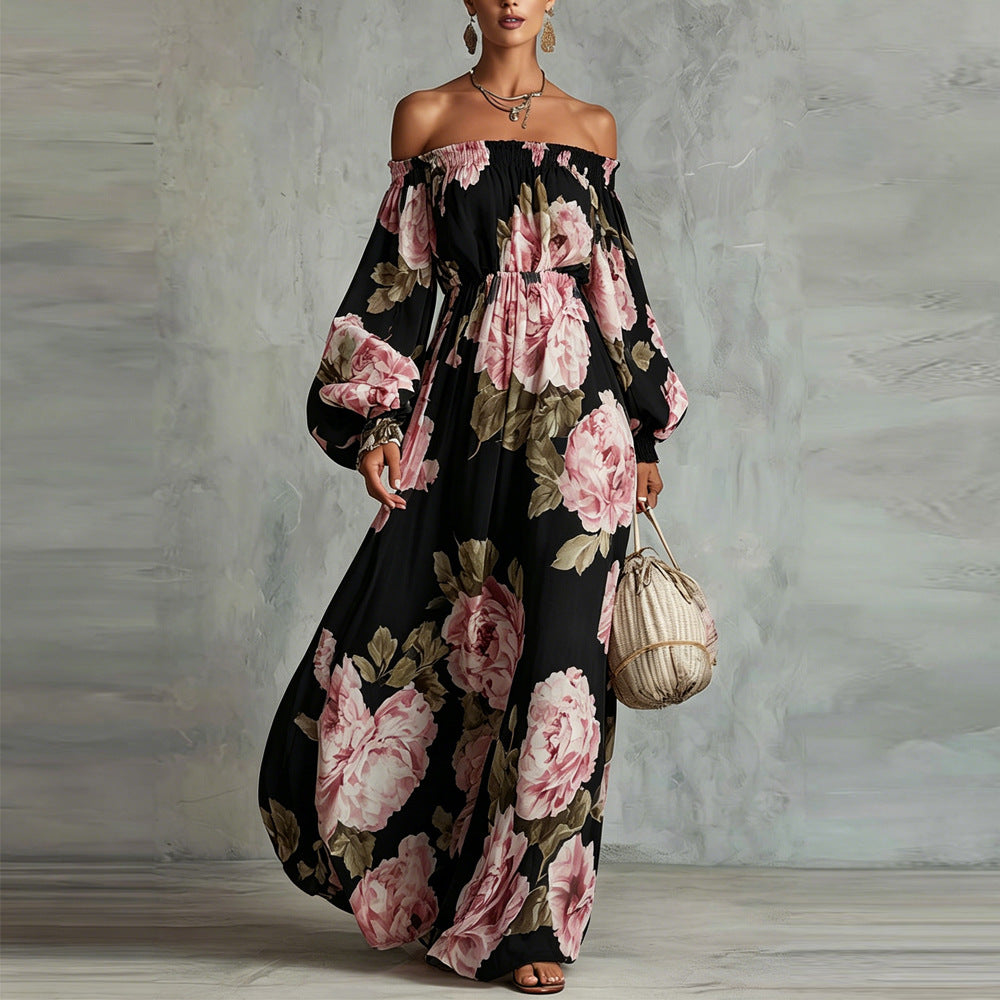 Payton | Schulterfreies florales Maxikleid mit langen Ärmeln