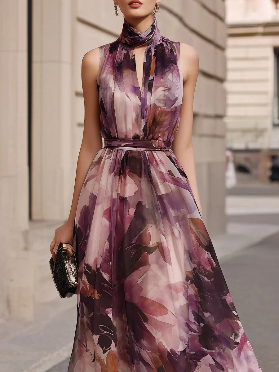 Florales Maxikleid mit Bindekragen und Gürtel