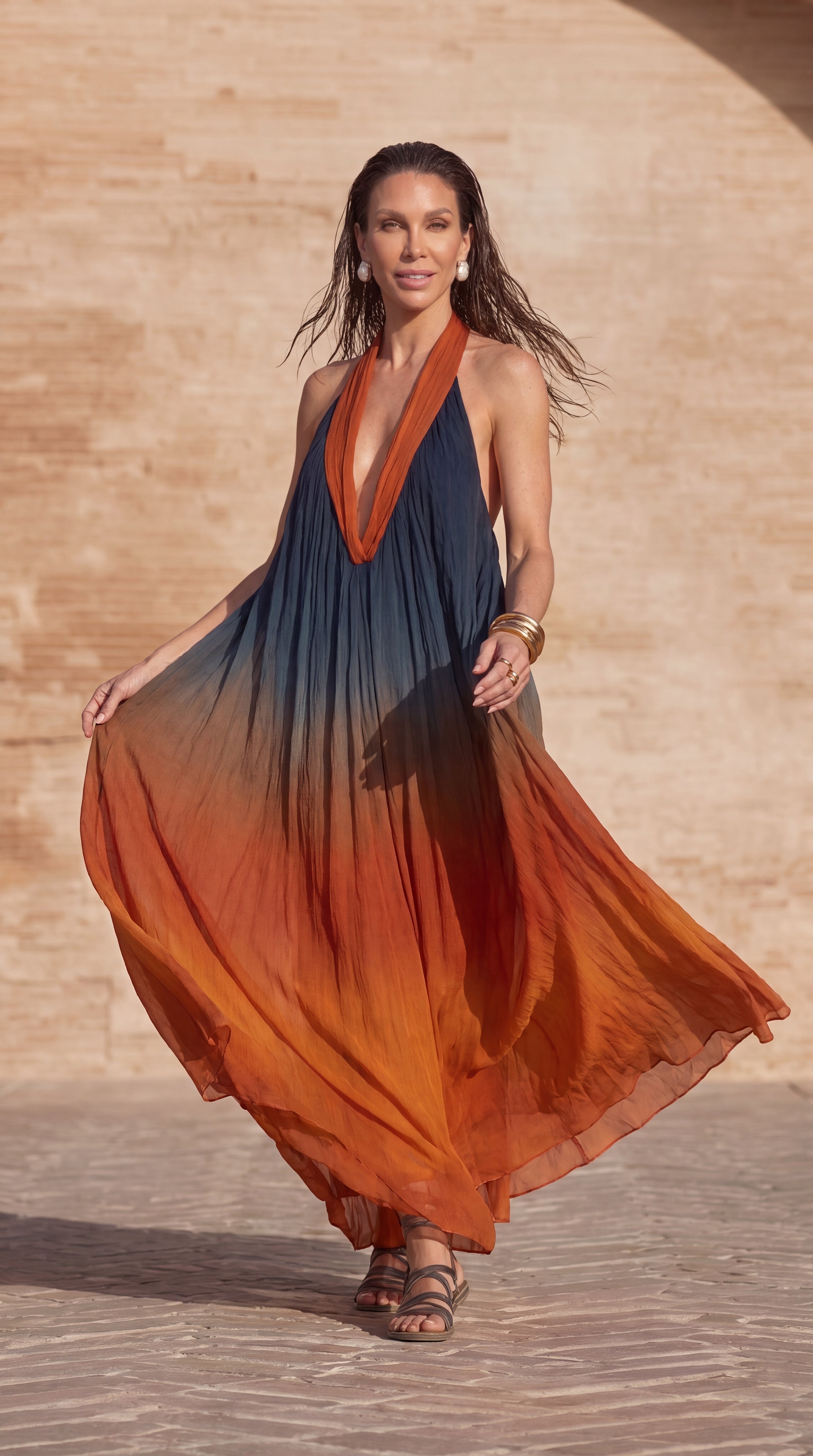 Amara – Plissiertes Neckholderkleid mit Farbverlauf