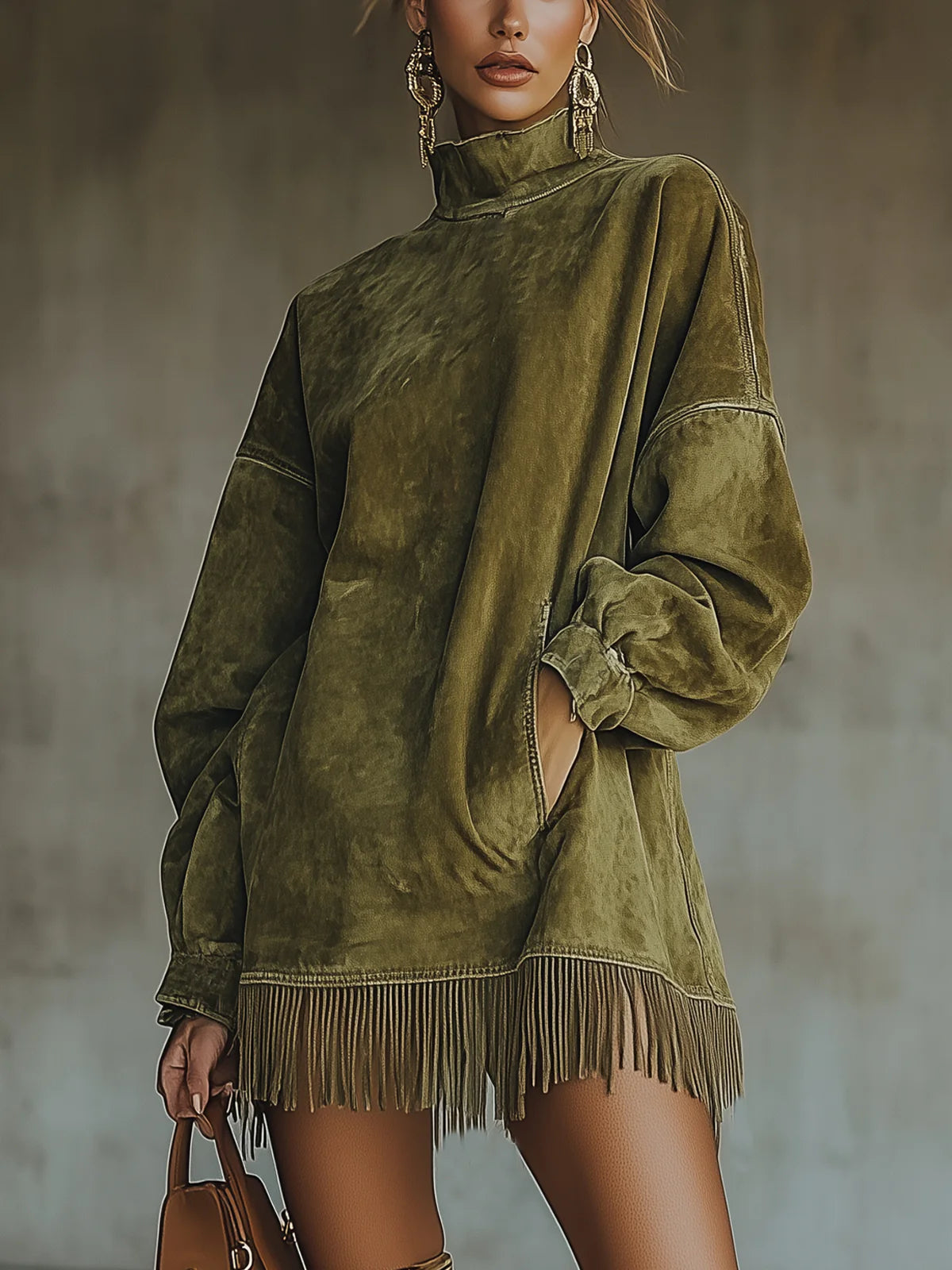 Gabrielle | Kleid in Wildlederoptik mit Stehkragen und Fransen