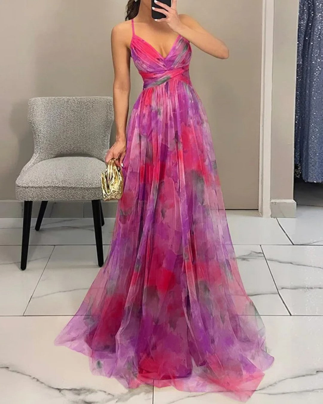 Bryony | Maxikleid aus Chiffon mit Aquarellmuster
