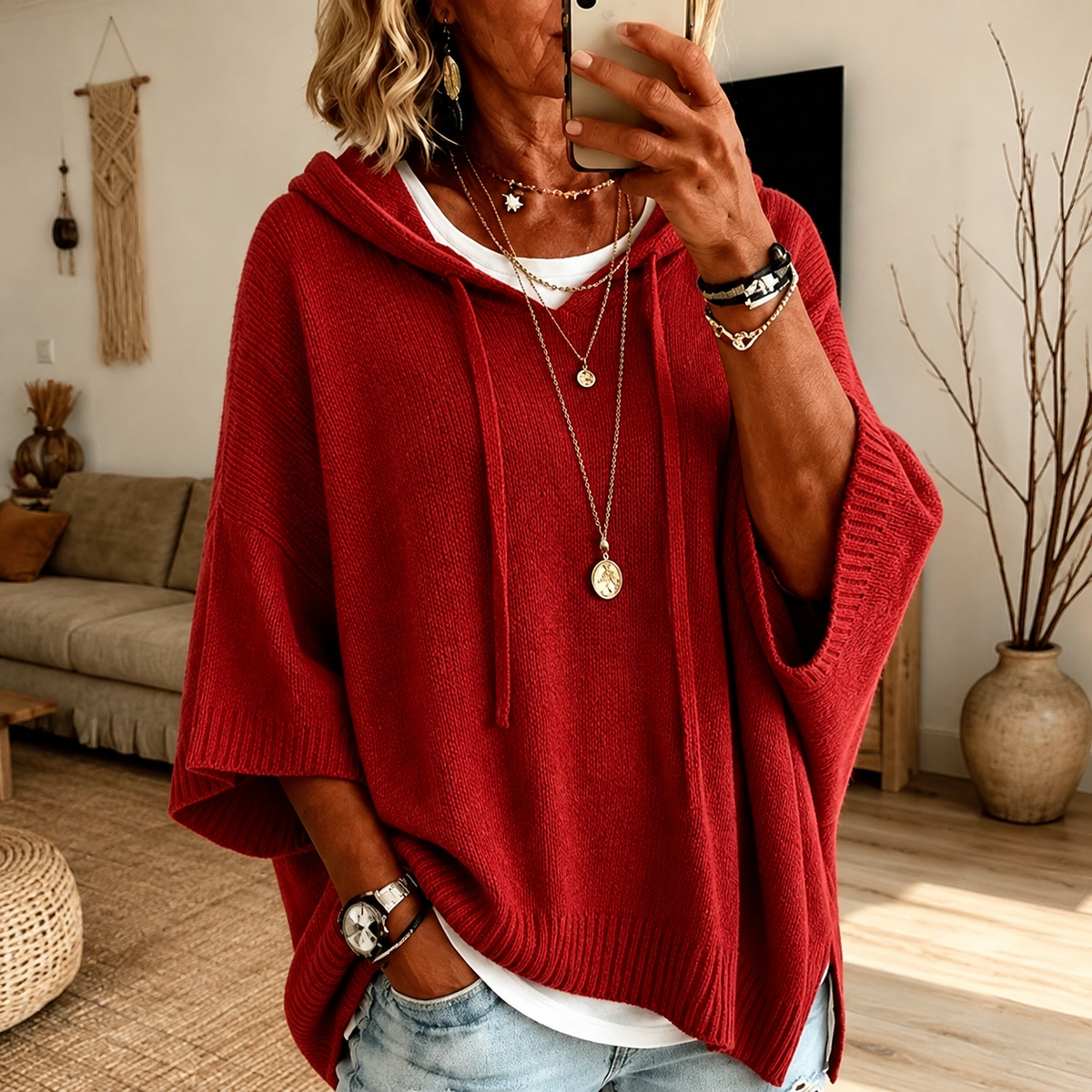 Claire | Poncho-Pullover mit Kapuze in Rot