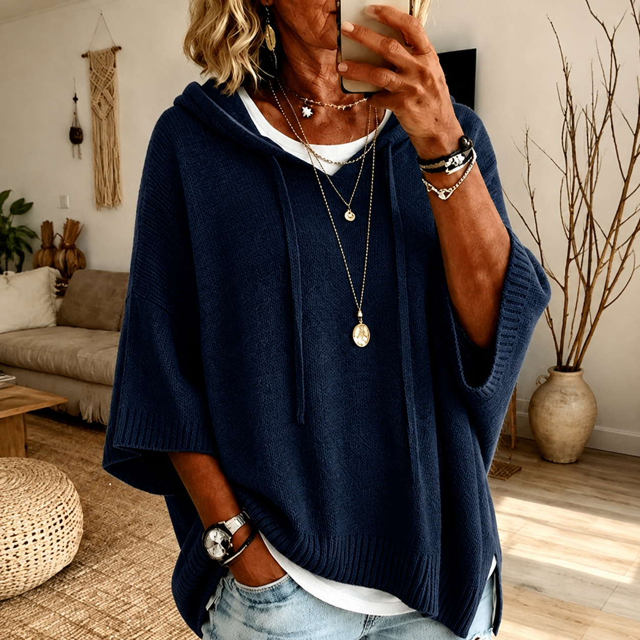 Juliette | Poncho-Pullover mit Kapuze in Marineblau