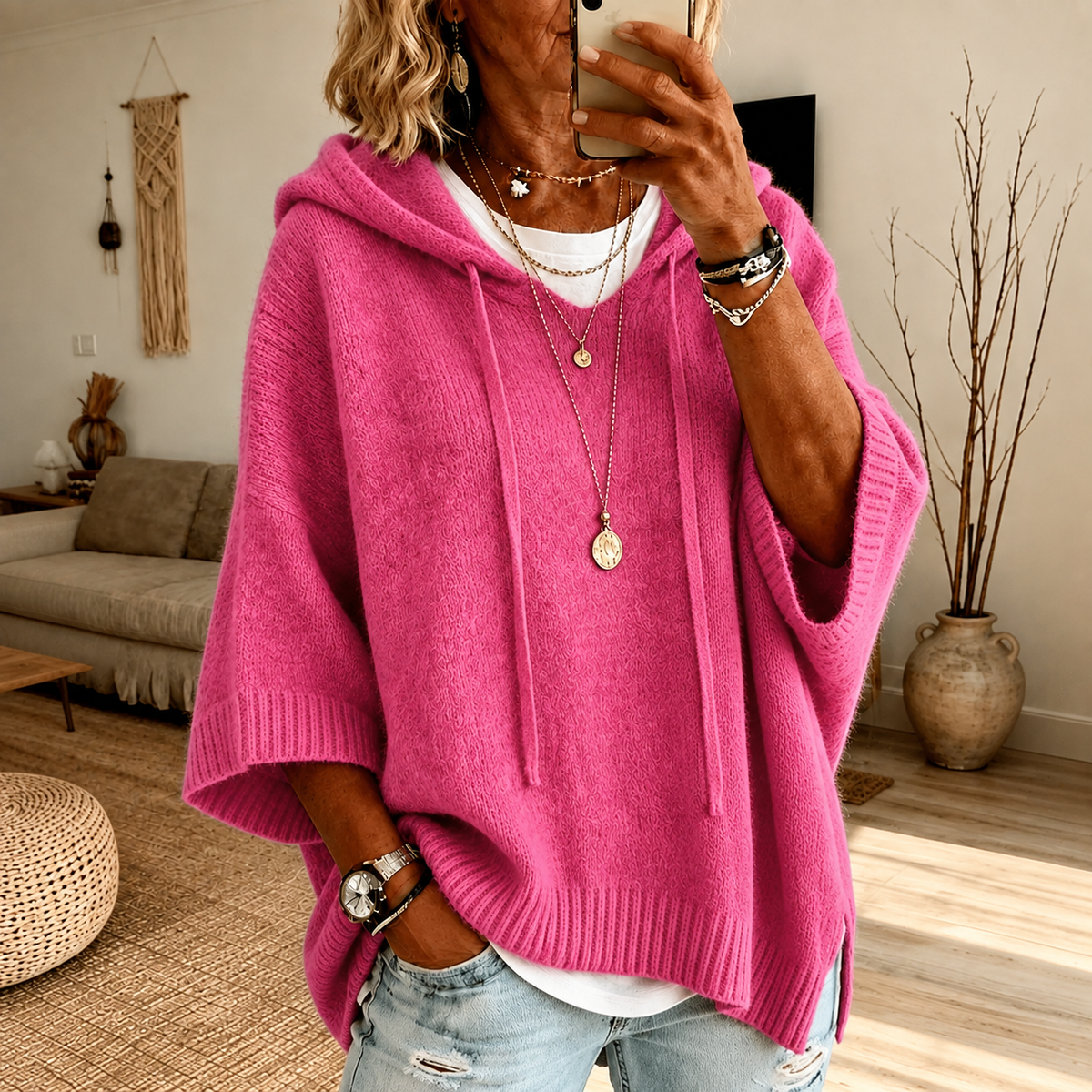 Chloé | Poncho-Pullover mit Kapuze in Rosa