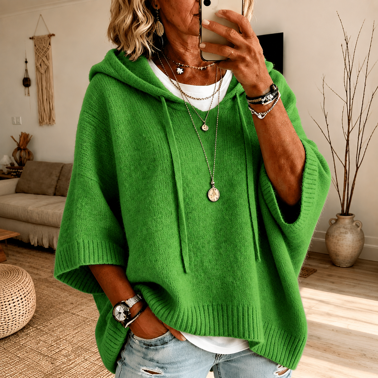 Margaux | Poncho-Pullover mit Kapuze in Grün