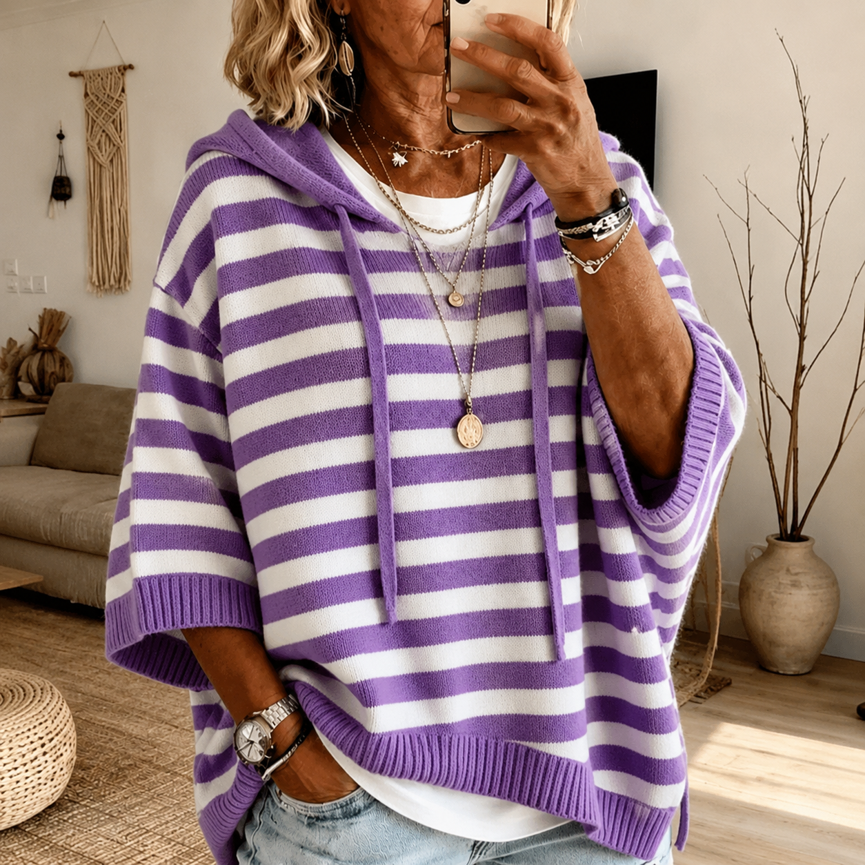 Anaïs | Gestreifter Poncho-Pullover mit Kapuze