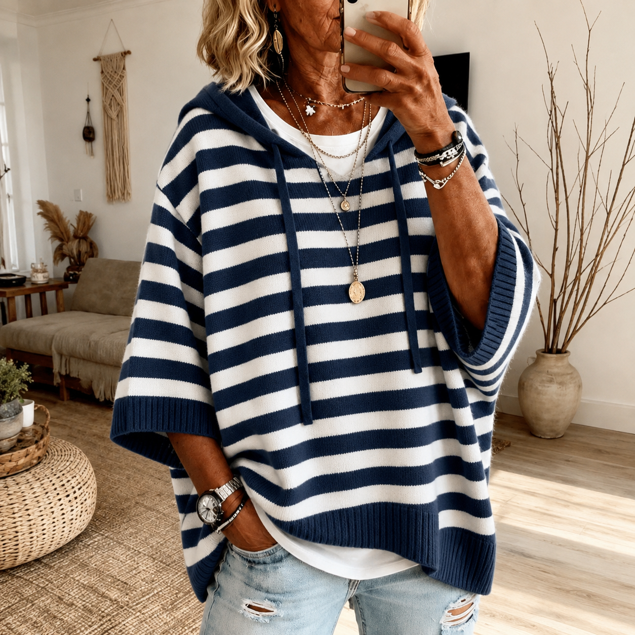 Marine | Gestreifter Poncho-Pullover mit Kapuze