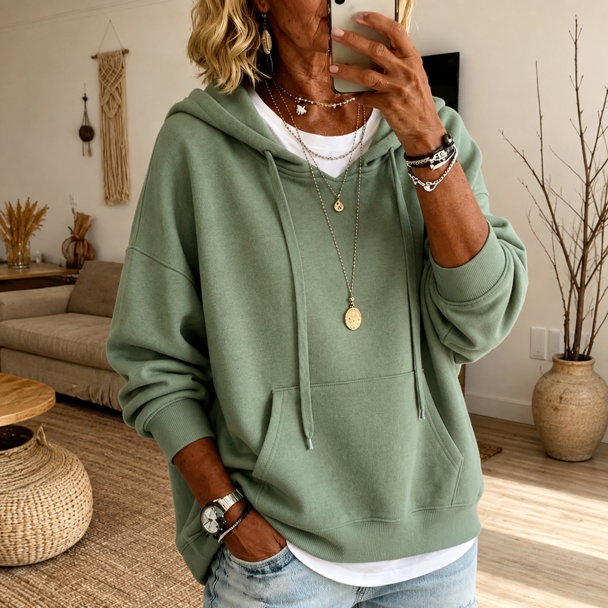 Amandine | Oversize-Kapuzen-Sweatshirt in Salbeigrün