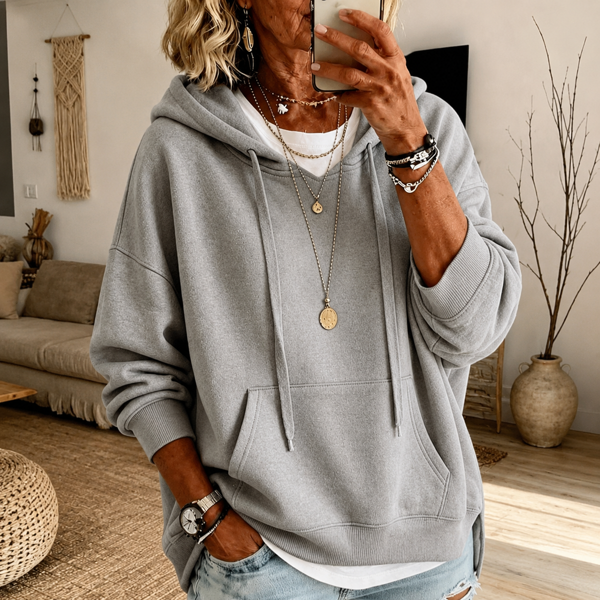 Élise | Oversize-Pullover mit Kapuze in Hellgrau
