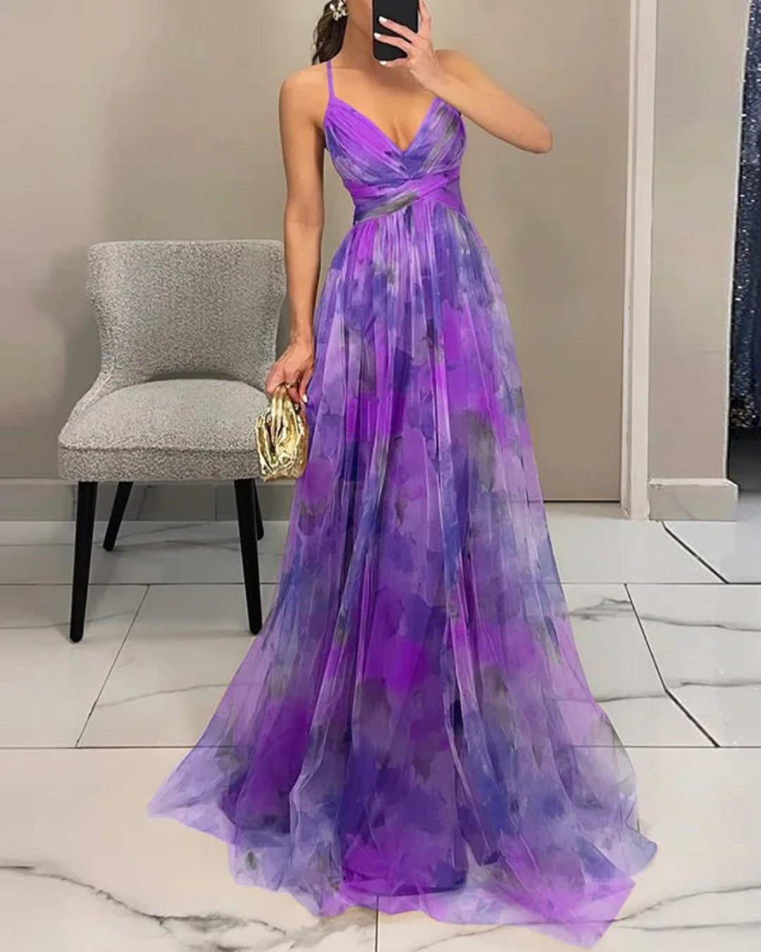 Bryony | Maxikleid aus Chiffon mit Aquarellmuster