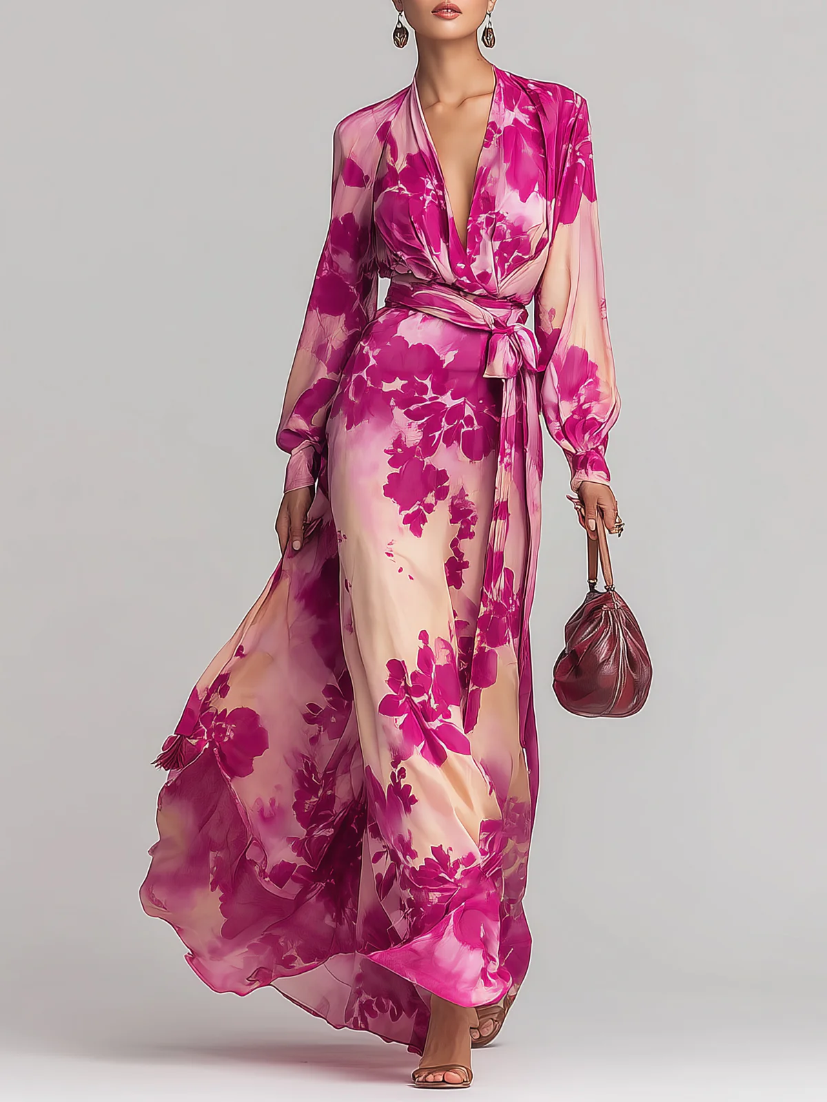 Julia | Maxi V Kleid mit Blumen und Gürtel