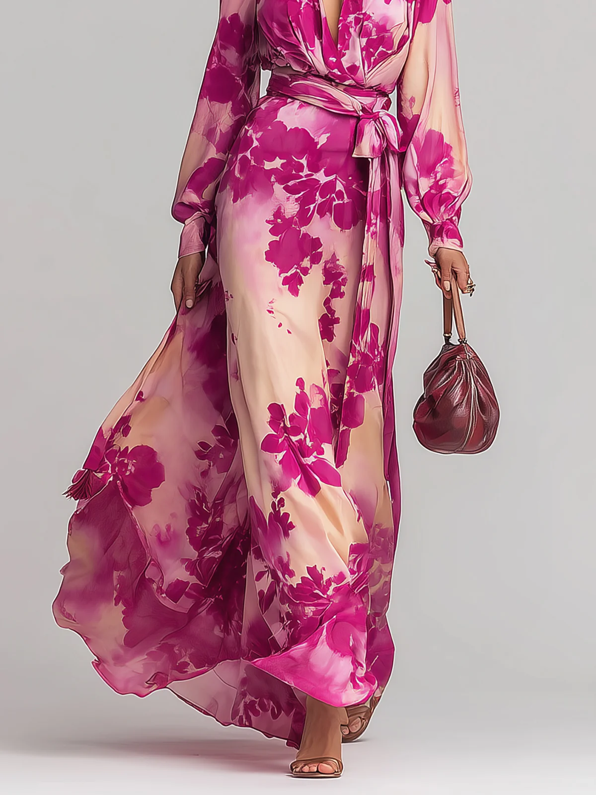 Julia | Maxi V Kleid mit Blumen und Gürtel