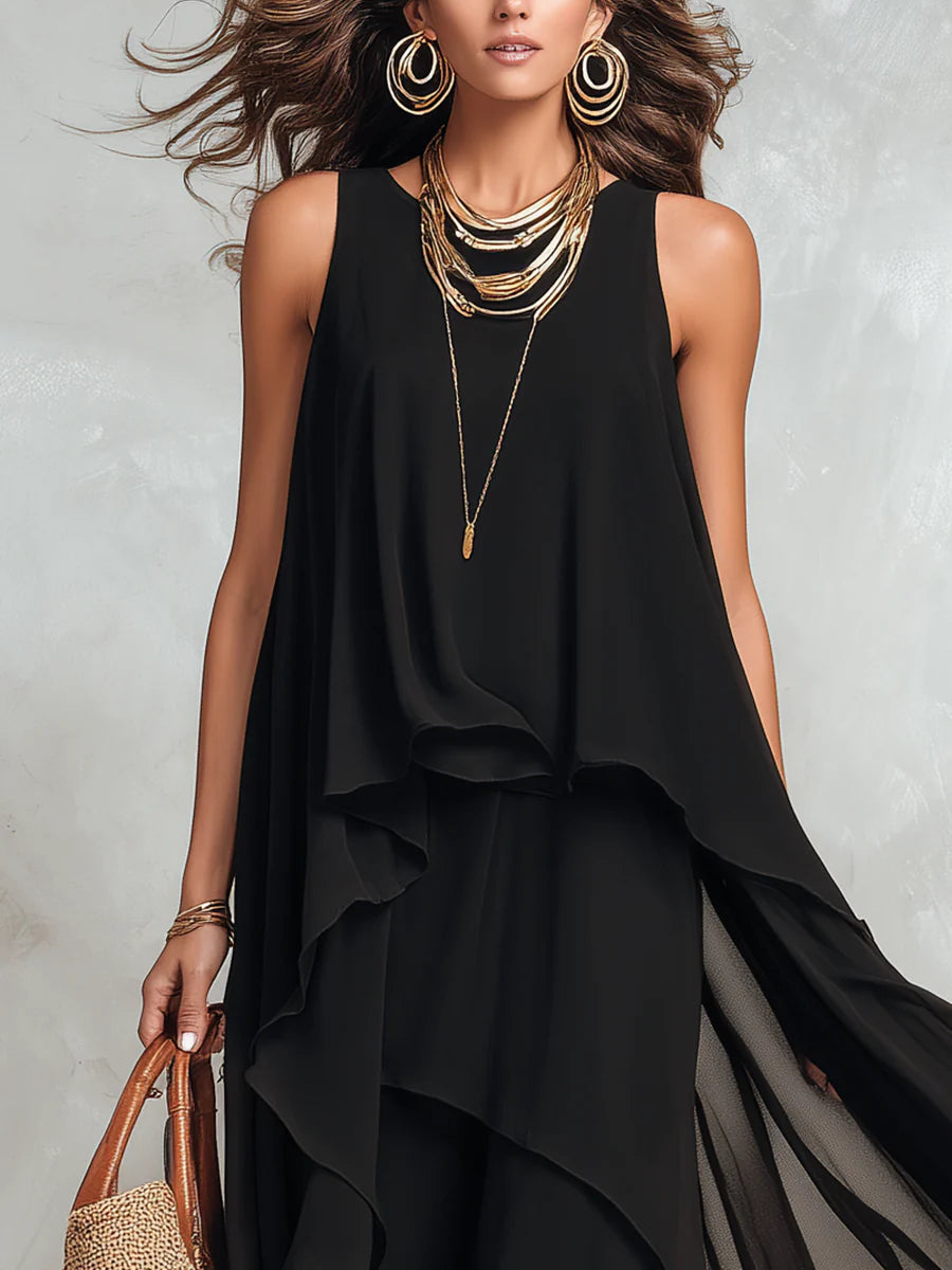 Théodora | Schwarzes Chiffon-Maxikleid im Lagenlook
