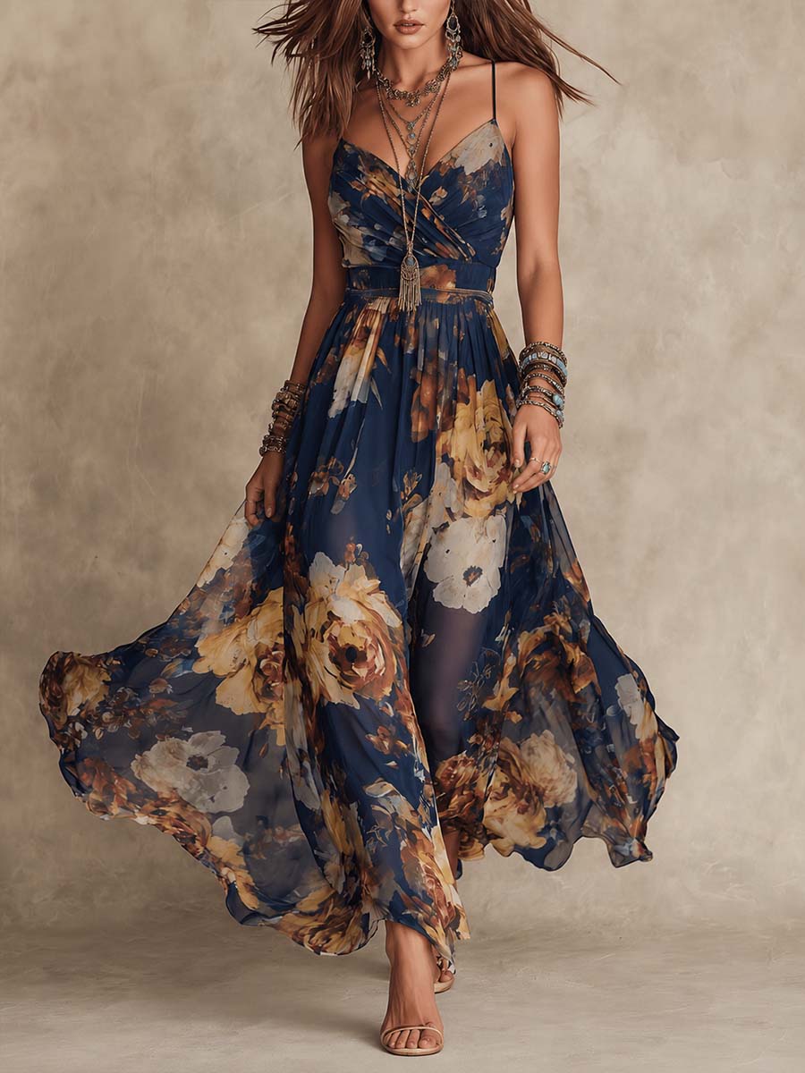 Yrsa – Marineblaues Maxikleid mit Blumenmuster