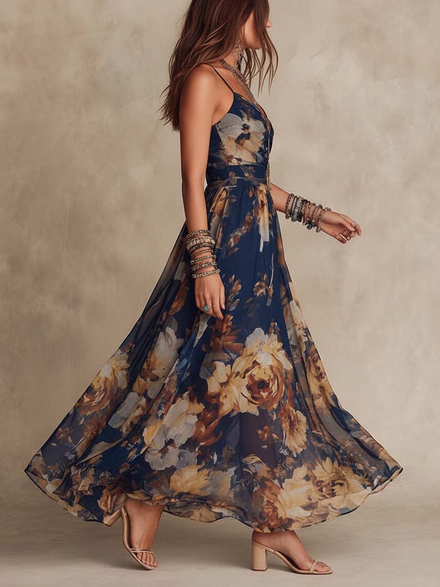 Adrienne | Marineblaues Chiffon-Maxikleid mit Blumenprint und Spaghettiträgern