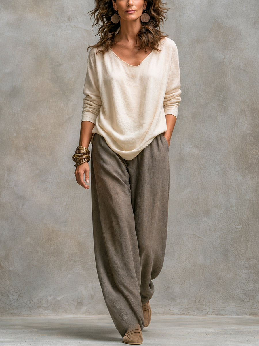 Constance | Elegantes dreiteiliges Set in Beige und Grau mit Palazzo-Hose