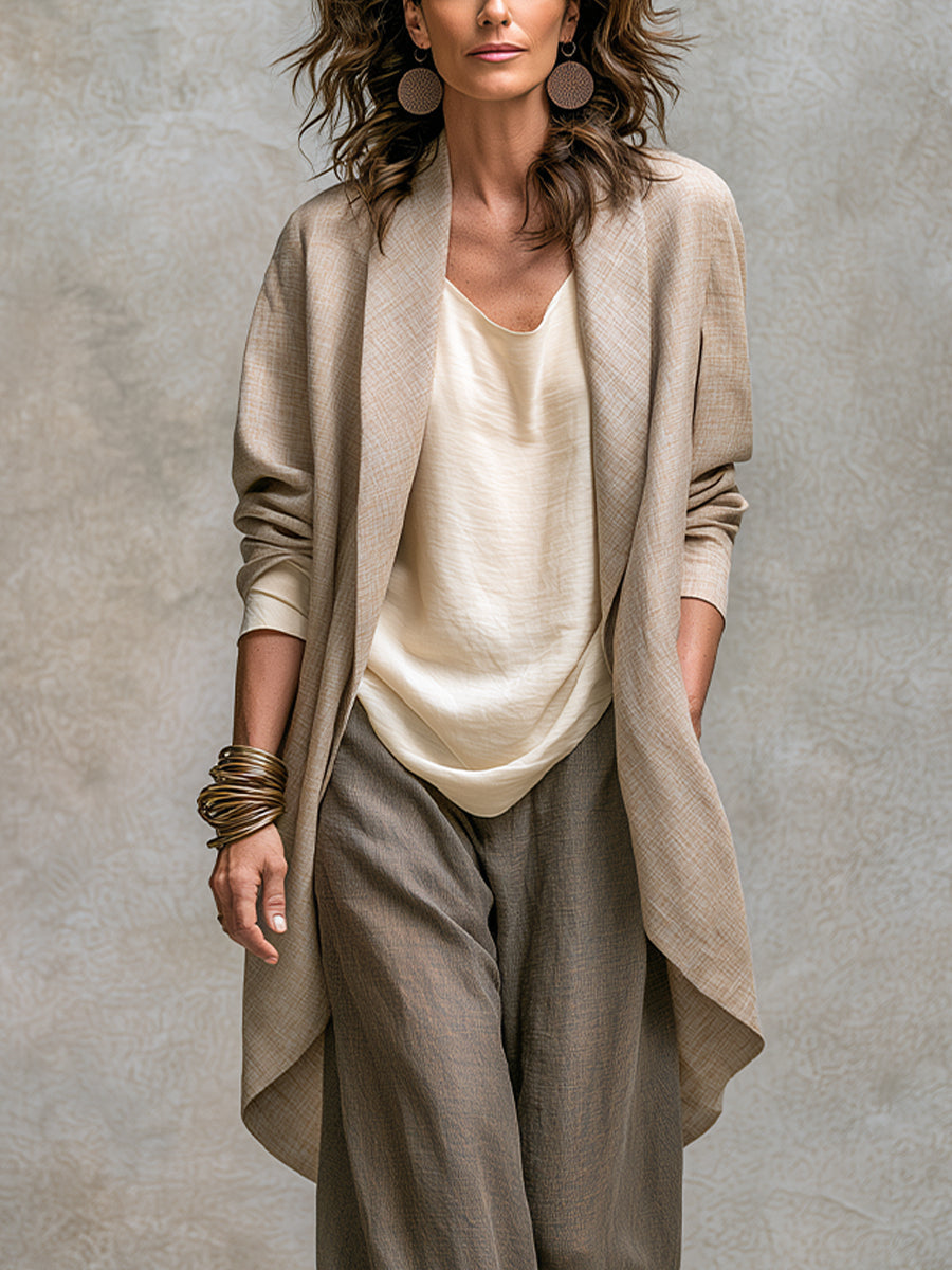 Constance | Elegantes dreiteiliges Set in Beige und Grau mit Palazzo-Hose