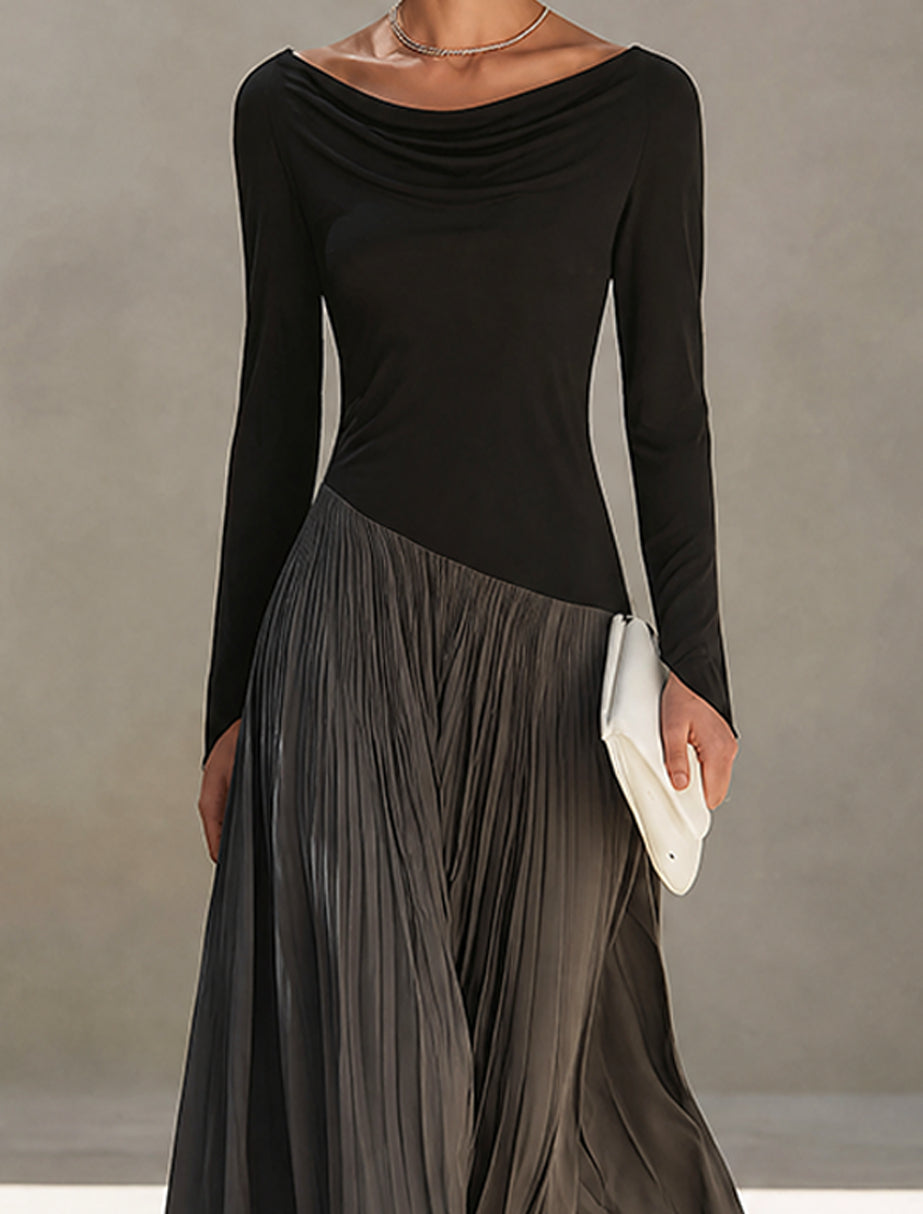 Zweifarbiges (schwarz-graues) Patchwork-Maxikleid mit drapiertem Ausschnitt und Falten
