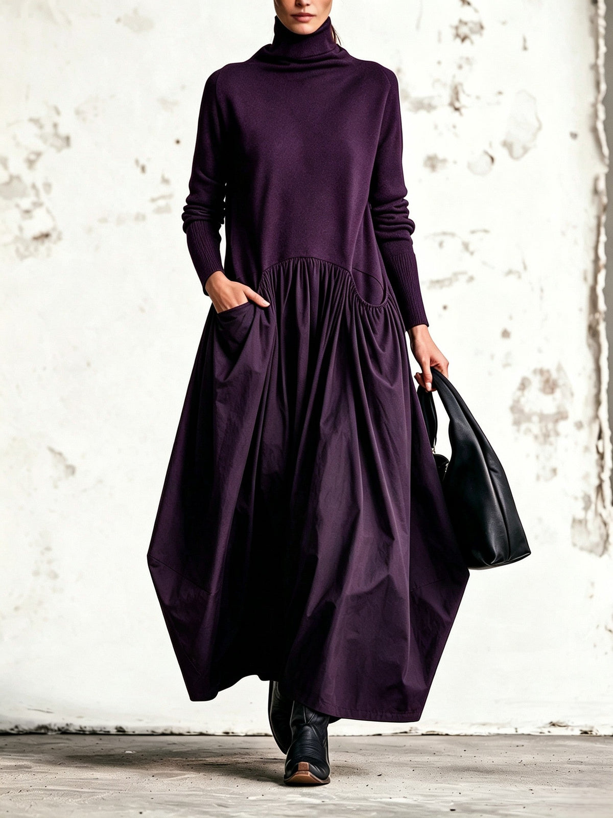 Odette | Schwarzes Oversize-Maxikleid mit Stehkragen