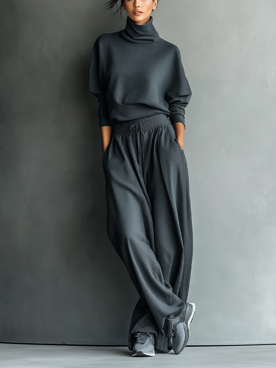 Anthrazitfarbenes Damen-Strickset mit hohem Kragen und weiter Hose