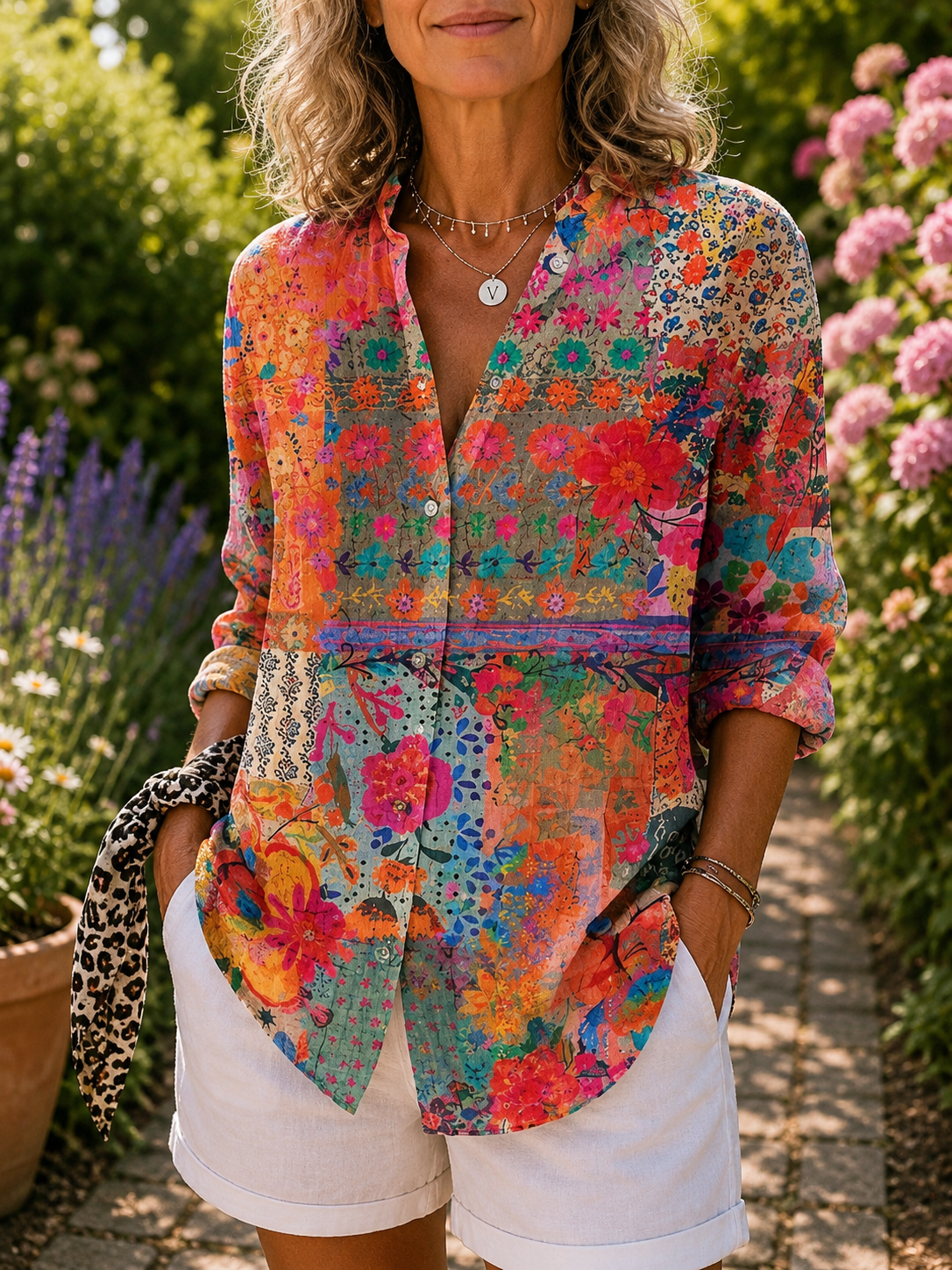 Anica | Kunstvolle, farbenfrohe Bluse mit Knopfleiste