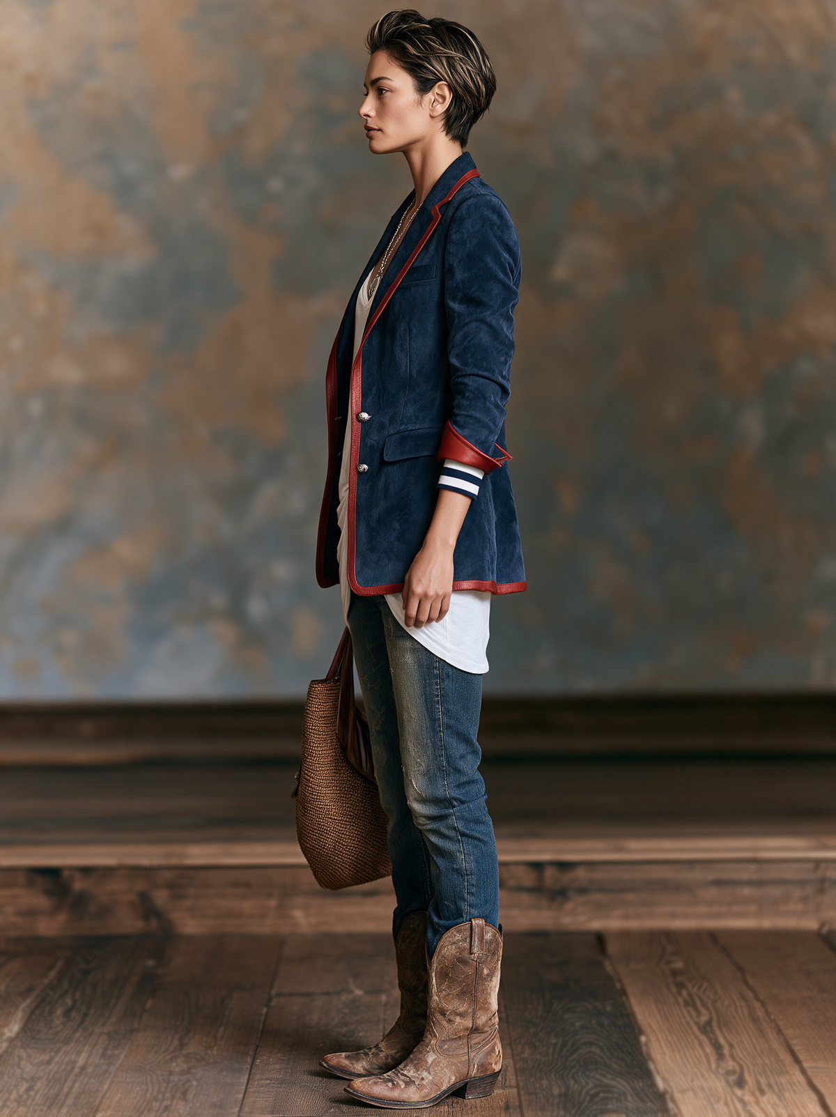 Ginevra | Vintage-Blazer aus Velourslederimitat mit Kontrastbesatz