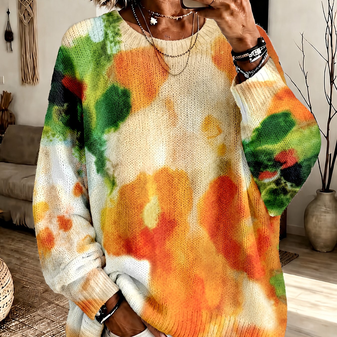 Amberlei | Oranger Tie-Dye-Pullover mit Blumenmuster und Rundhalsausschnitt