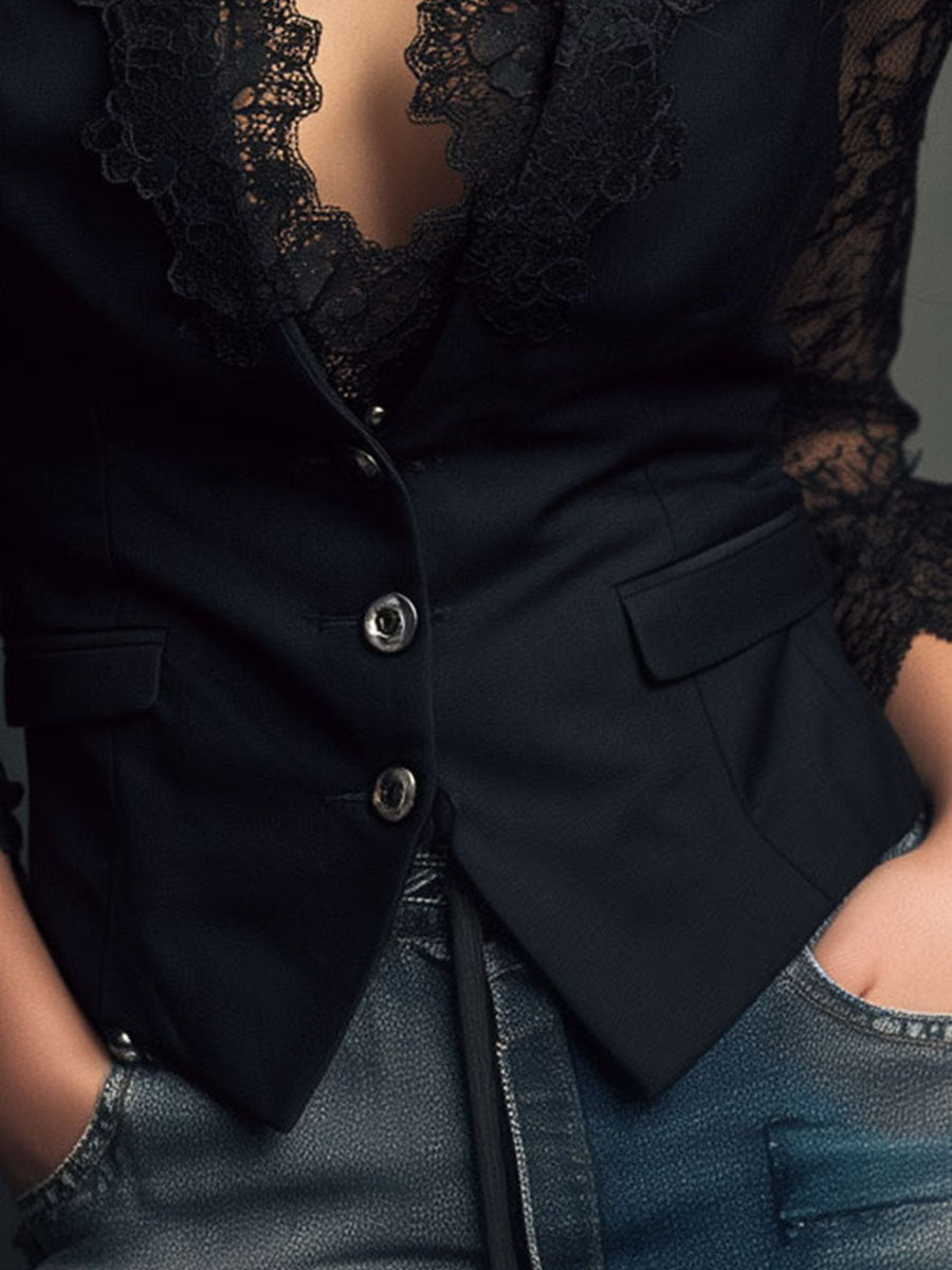 Noémie | Schwarzes Blazer-Oberteil mit halbtransparenten Ärmeln