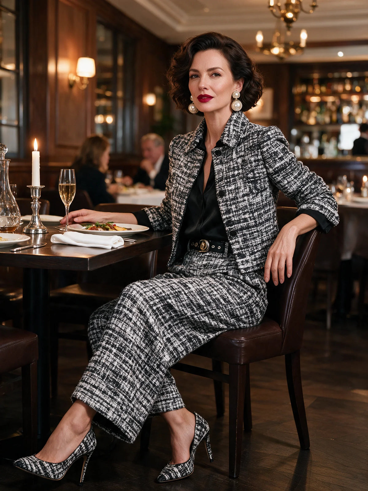 Damen-Set aus Tweed-Mischgewebe: Einreihige, kurze Jacke und Hose mit weitem Bein