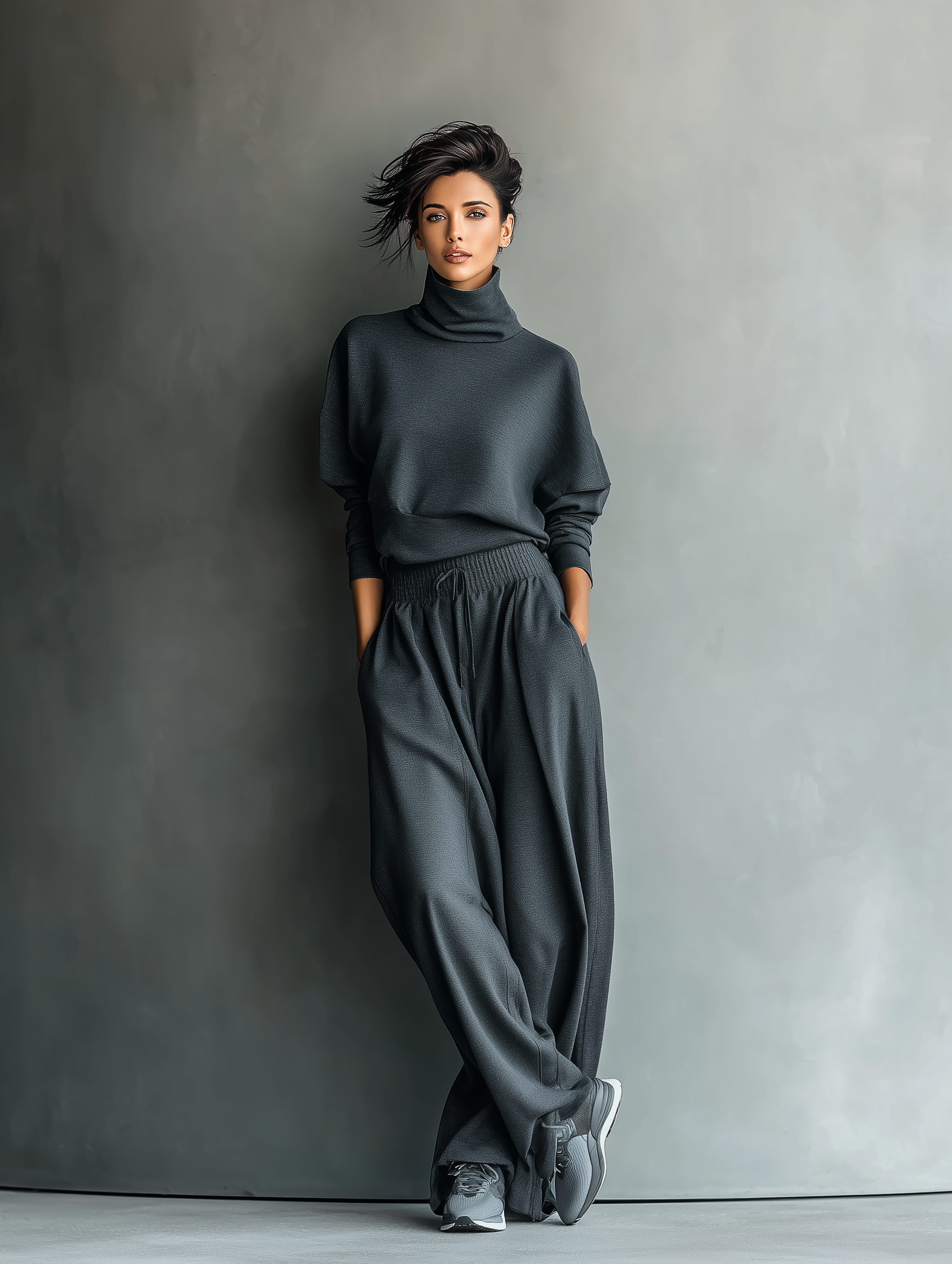 Anthrazitfarbenes Damen-Strickset mit hohem Kragen und weiter Hose