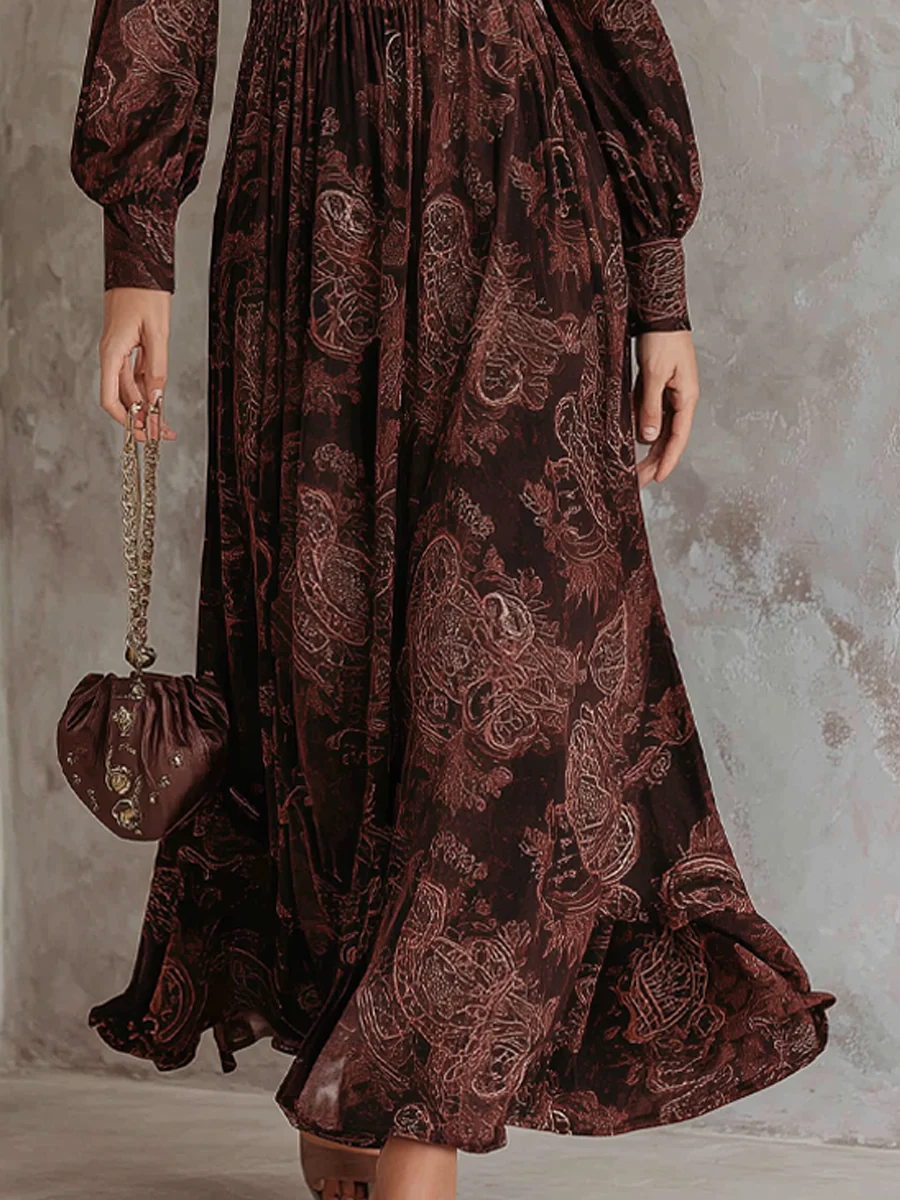 Oriane | Braunes Maxikleid mit hoher Taille, Reißverschluss und Paisley-Muster