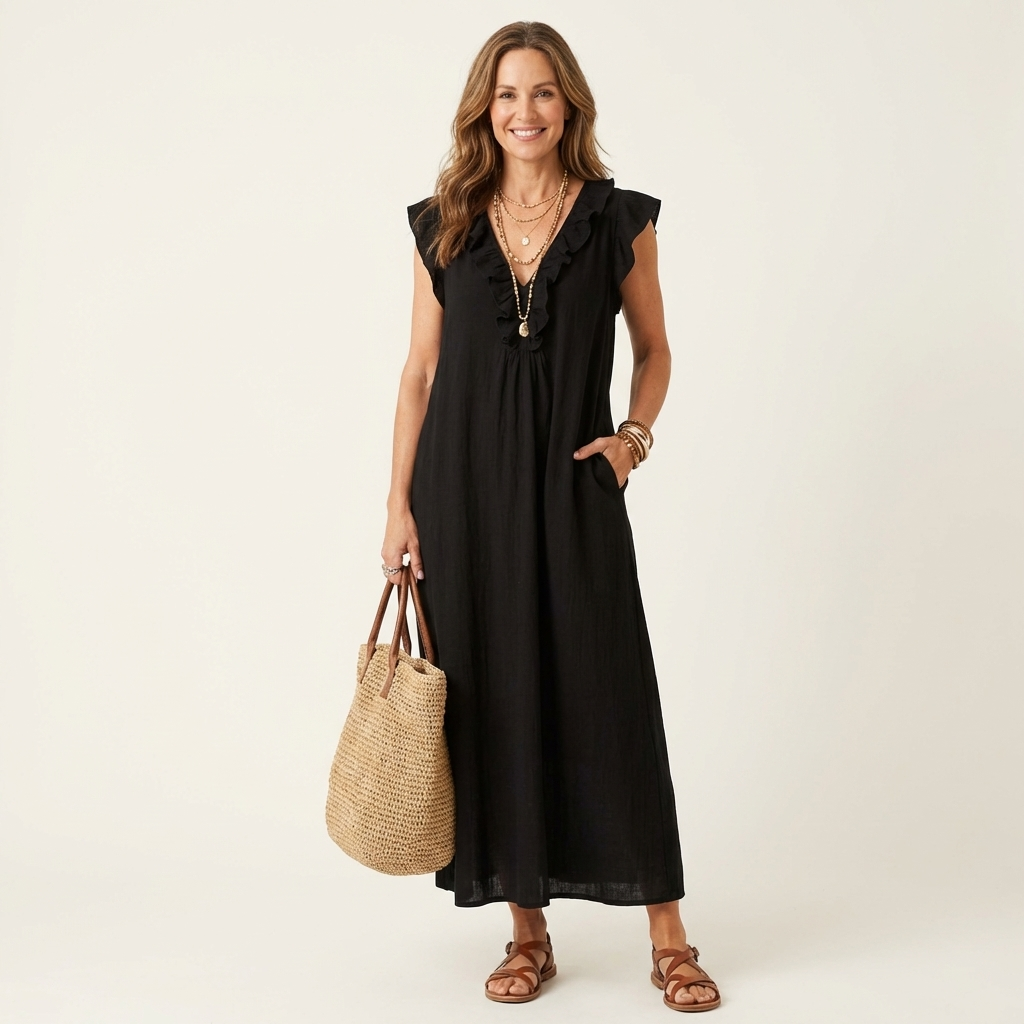 Anita – Langes Kleid mit V-Ausschnitt und Rüschen