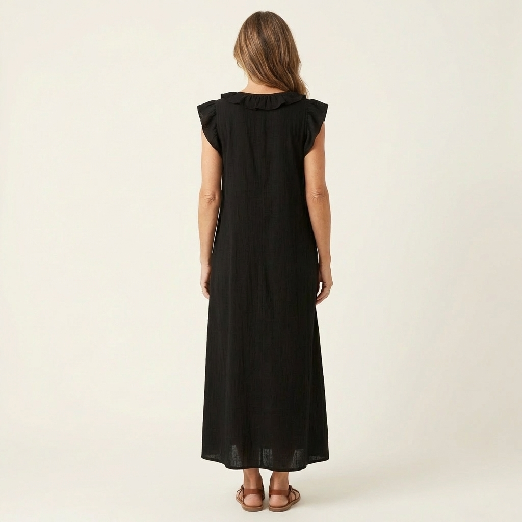 Anita – Langes Kleid mit V-Ausschnitt und Rüschen