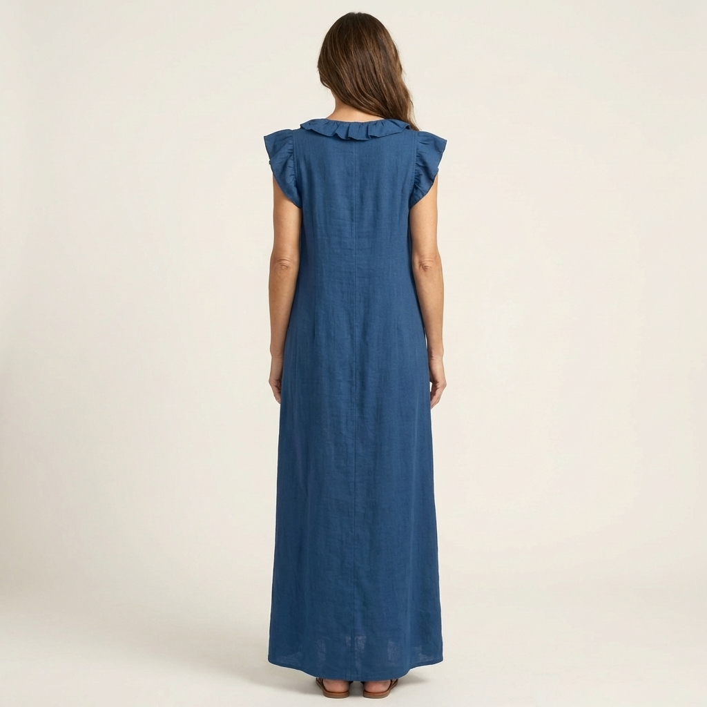 Anita – Langes Kleid mit V-Ausschnitt und Rüschen