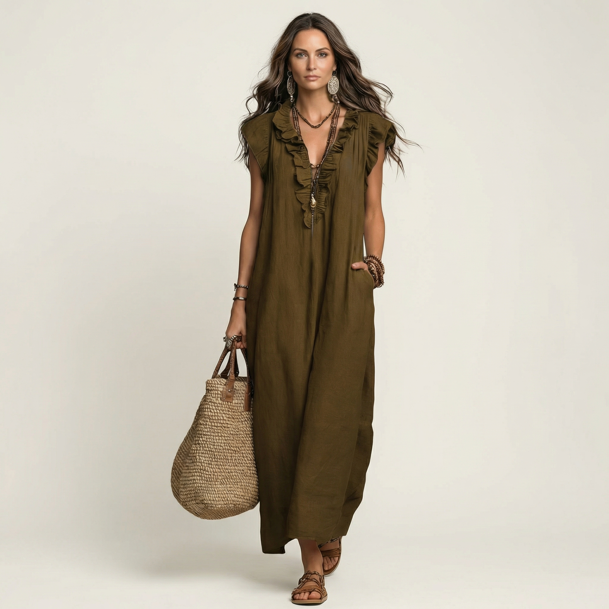 Anita – Langes Kleid mit V-Ausschnitt und Rüschen