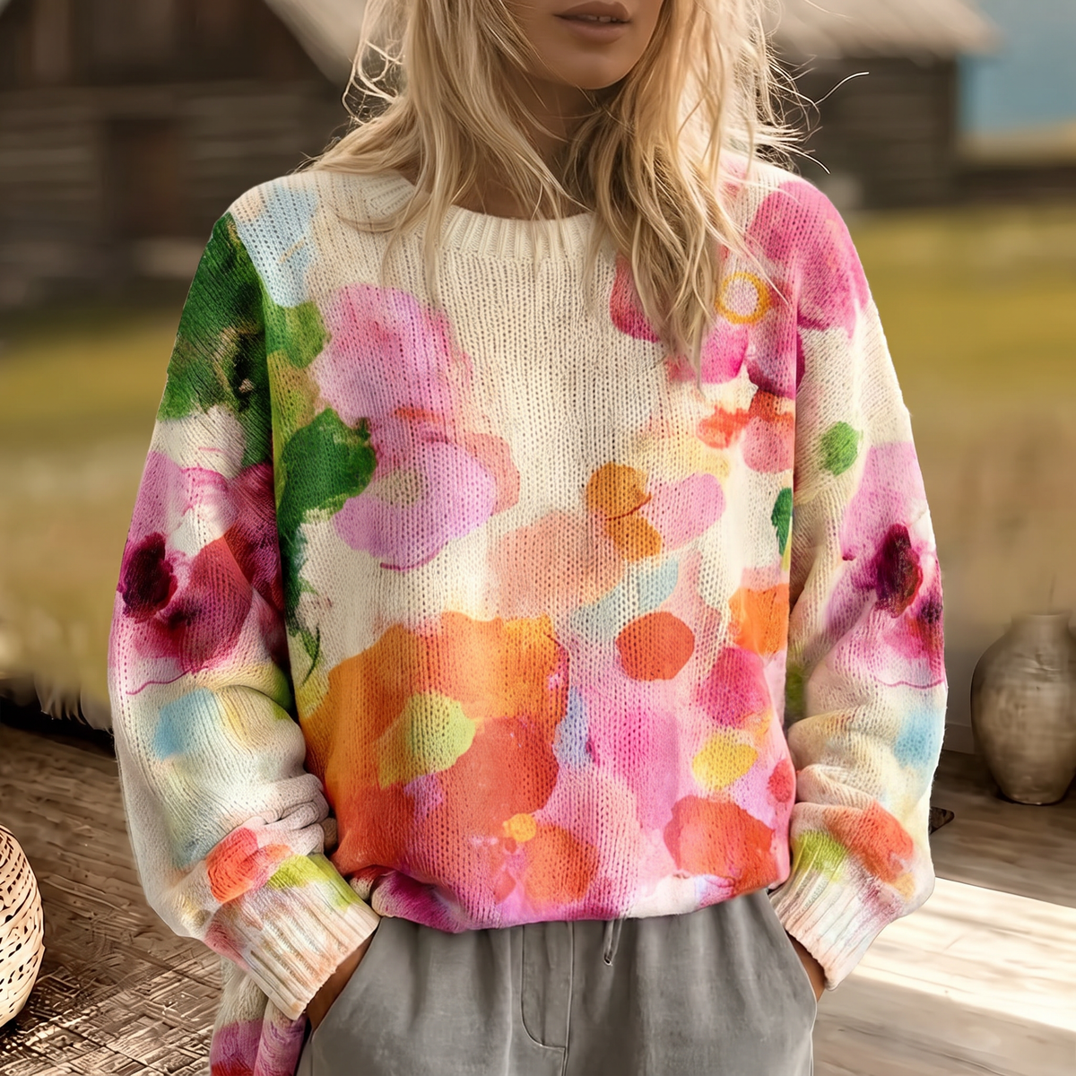 Ferrona | Mehrfarbiger Strickpullover mit floralem Tie-Dye-Muster
