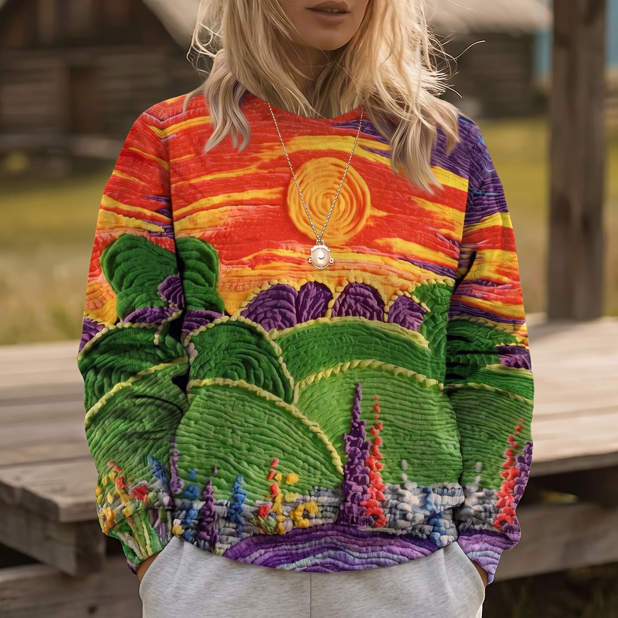 Ravella | Locker geschnittener Pullover mit Sunburst-Landschaft