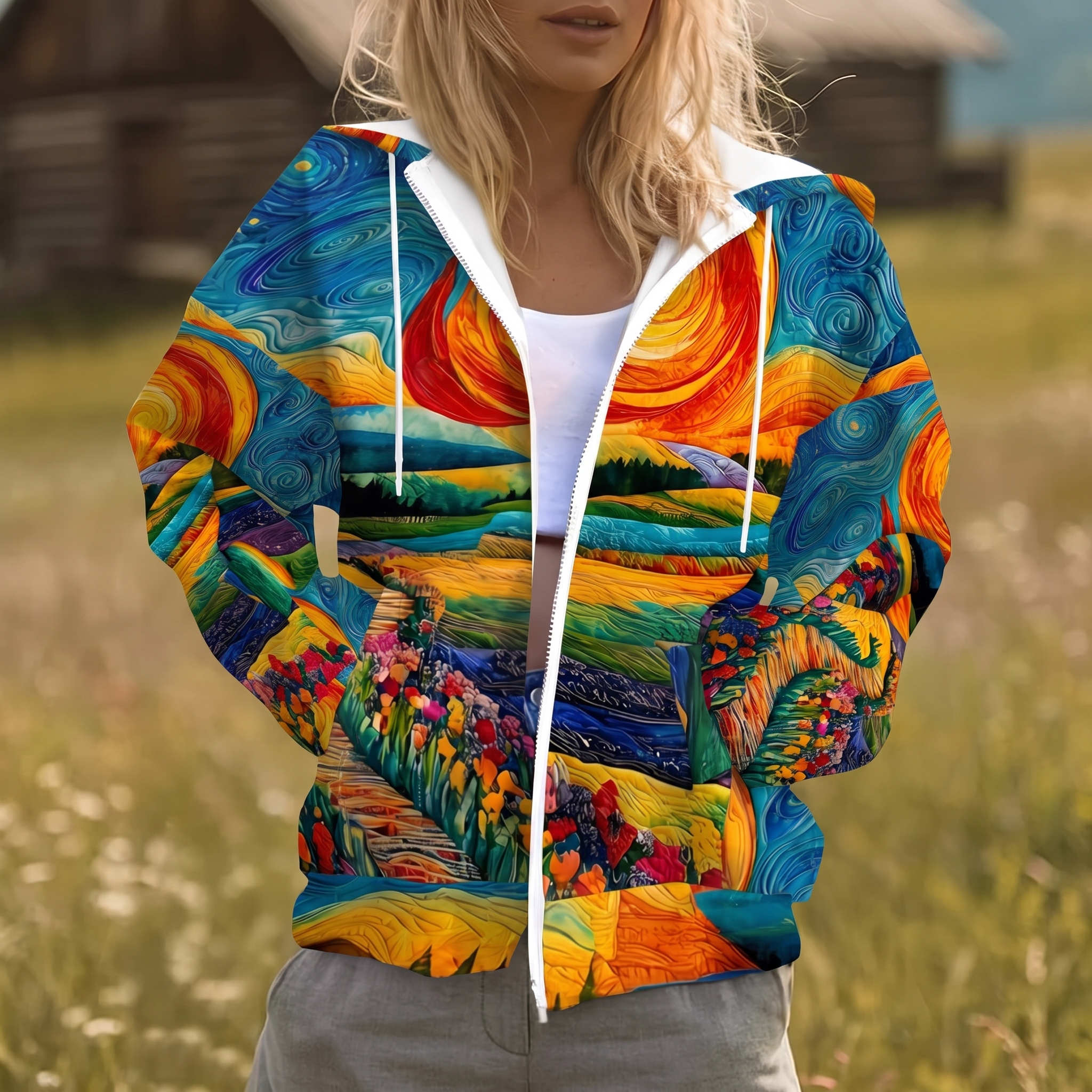 Halcyra | Hoodie mit durchgehendem Reißverschluss und Sunburst-Print