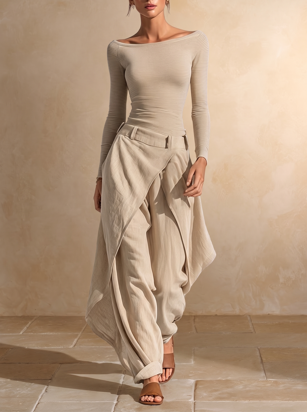 Juliette | Beiges Oberteil mit U-Boot-Ausschnitt & weit geschnittene Hose im Lagenlook