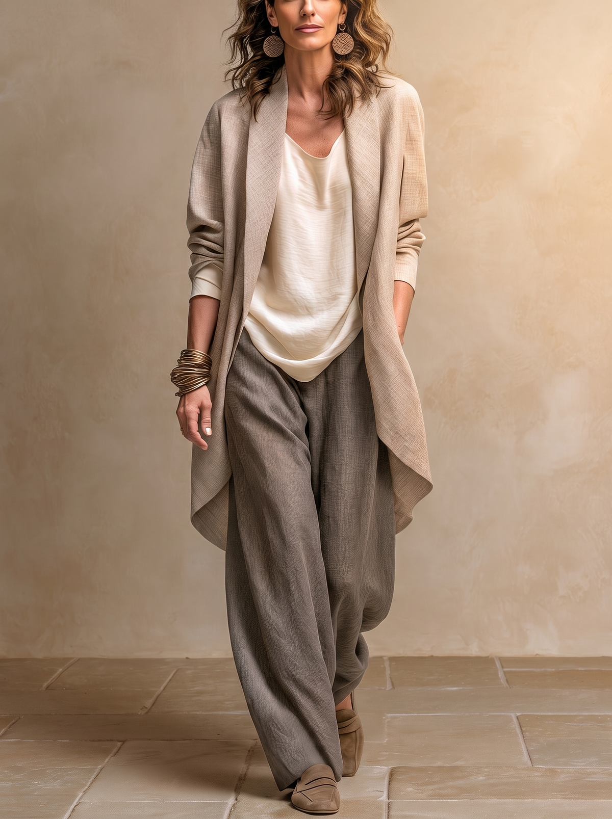 Constance | Elegantes dreiteiliges beige-graues Casual-Set im Lagenlook mit Palazzo-Hose