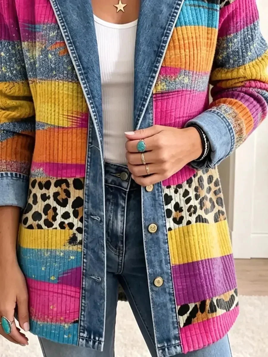 Victoria | Retro-Denimjacke mit Leoparden- und Farbmuster