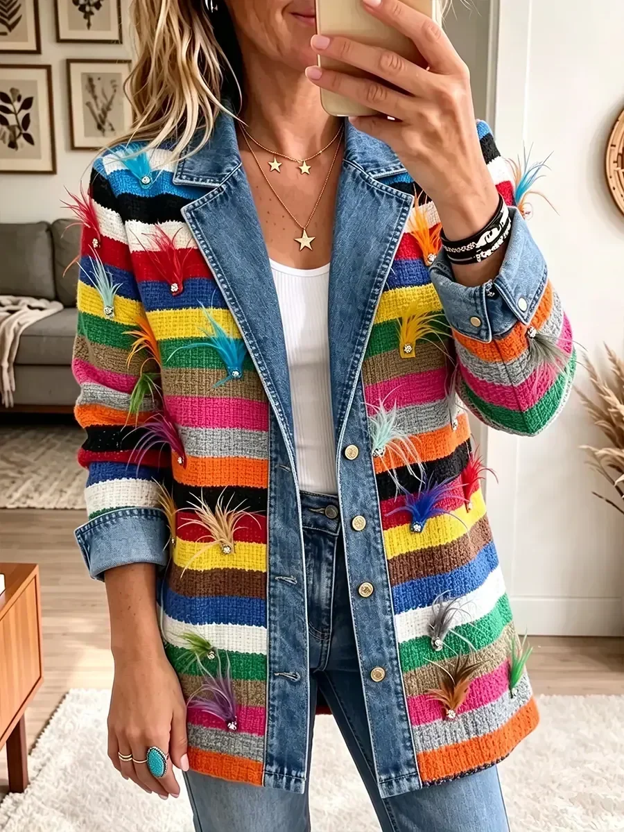 Mia | Vintage elegante Denimjacke mit Federmuster